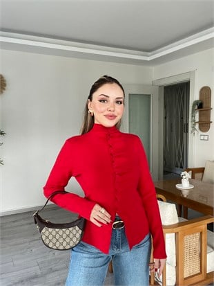 Premium Kırmızı Önü Drapeli Düğmeli Triko