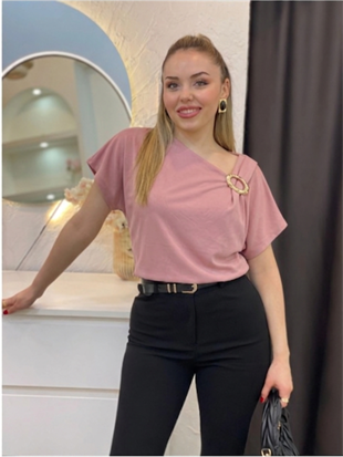 Pudra Pembe Omuz Gold Çıkarılabilir Broşlu Modal Bluz
