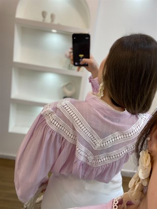 Pudra Pembe Premium Kalite Dantel Detaylı Gömlek 