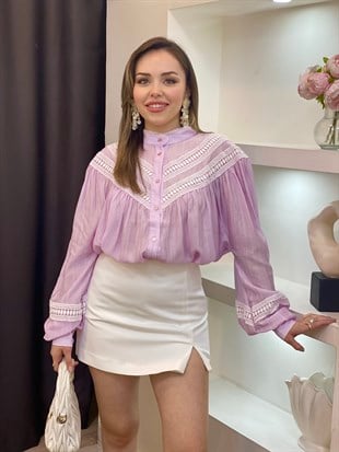 Pudra Pembe Premium Kalite Dantel Detaylı Gömlek 