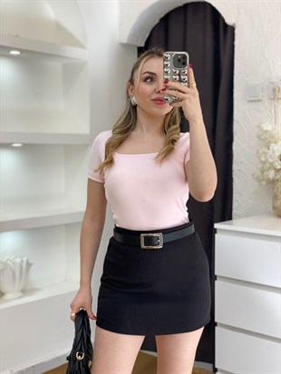 Pudra Pembe Sandık Yaka Kısa Kol Basic Bluz
