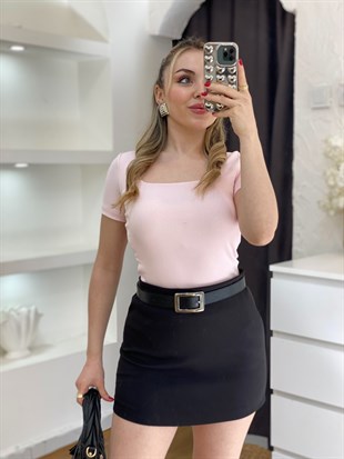 Pudra Pembe Sandık Yaka Kısa Kol Basic Bluz