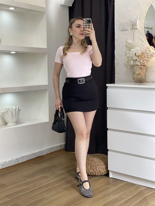 Pudra Pembe Sandık Yaka Kısa Kol Basic Bluz