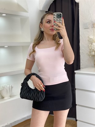 Pudra Pembe Sandık Yaka Kısa Kol Basic Bluz