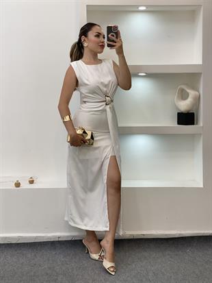 Q Marka Beyaz Beli Mini Dekolteli Elbise