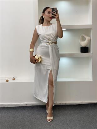 Q Marka Beyaz Beli Mini Dekolteli Elbise
