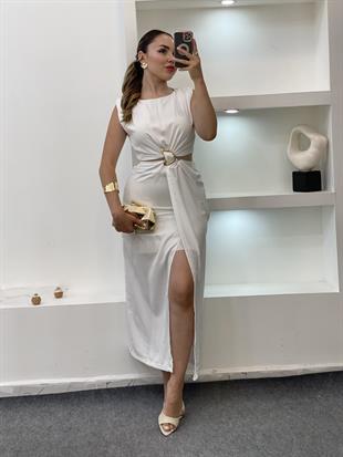Q Marka Beyaz Beli Mini Dekolteli Elbise