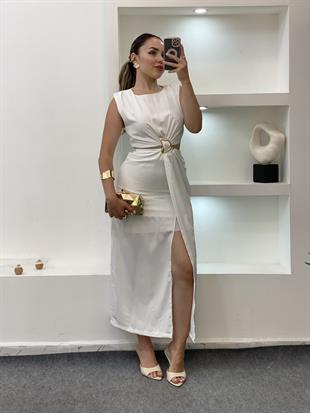 Q Marka Beyaz Beli Mini Dekolteli Elbise