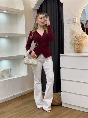 Q Marka Bordo Kruvaze Yaka Gold Broşlu Bluz 
