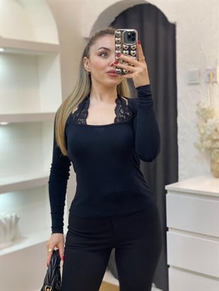 Q Marka Dantel Detaylı Siyah Renk Bluz 