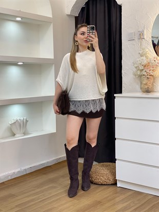 Q Marka Ekru Dantel Detaylı Triko Bluz