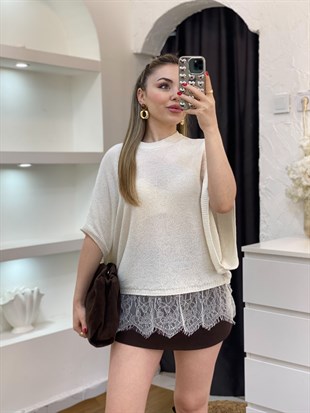 Q Marka Ekru Dantel Detaylı Triko Bluz