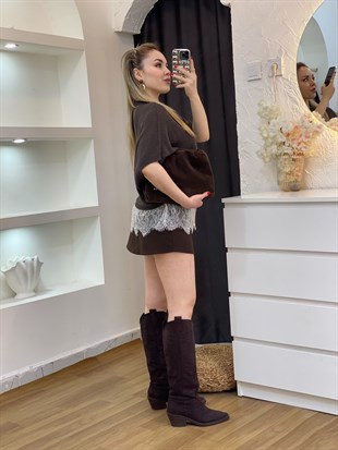 Q Marka Kahve Dantel Detaylı Triko Bluz