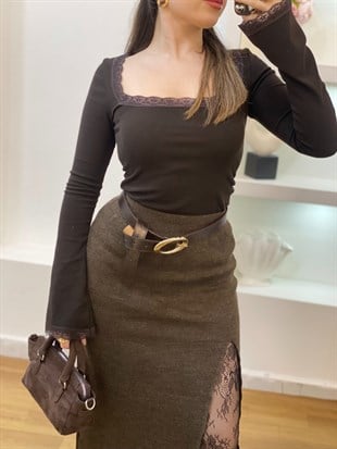 Q Marka Kahve Dantel Detaylı Triko Etek