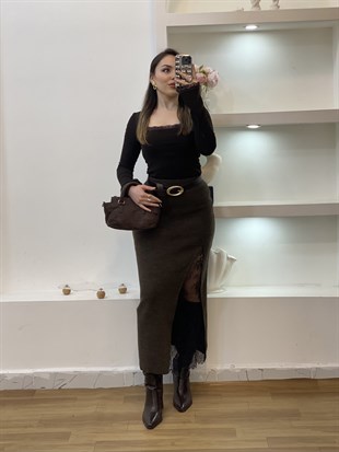 Q Marka Kahve Dantel Detaylı Triko Etek