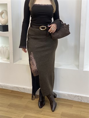 Q Marka Kahve Dantel Detaylı Triko Etek