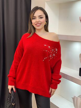 Q Marka Kırmızı Taş Detaylı Kazak