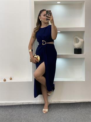 Q Marka Lacivert Beli Mini Dekolteli Elbise