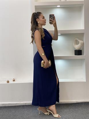 Q Marka Lacivert Beli Mini Dekolteli Elbise