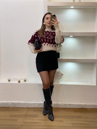 Q Marka Lüx Kalite Bordo Bej Desenli Kazak