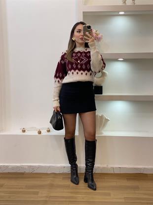 Q Marka Lüx Kalite Bordo Bej Desenli Kazak