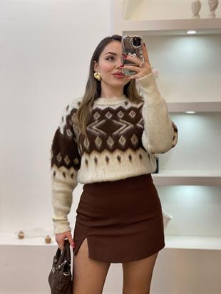 Q Marka Lüx Kalite Kahve Bej Desenli Kazak