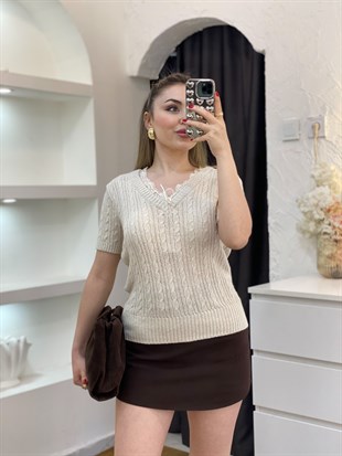 Q Marka Premium Bej Renk Dantel Yaka Triko