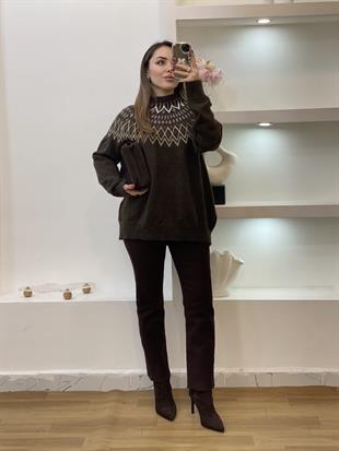 Q Marka Premium Kahve Melanj Desenli Kazak