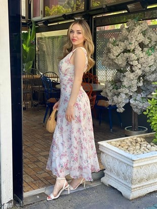 Q Marka Pudra Pembe Çiçekli Şifon Elbise