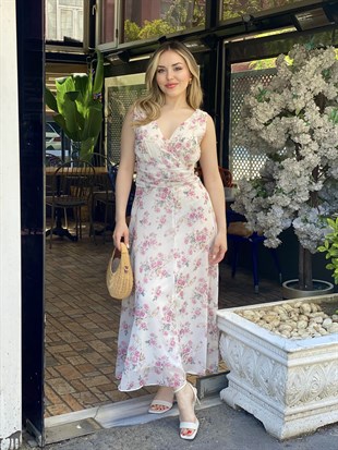 Q Marka Pudra Pembe Çiçekli Şifon Elbise
