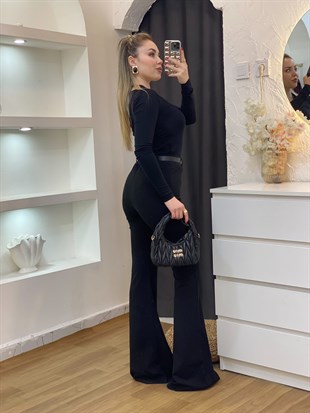 Q Marka Siyah Likralı İspanyol Paça Kumaş Pantolon 