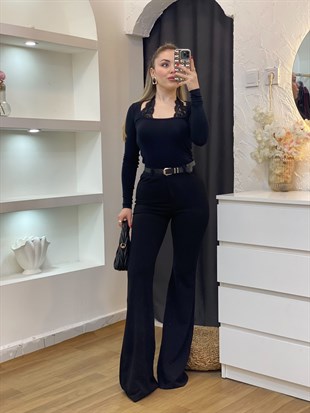 Q Marka Siyah Likralı İspanyol Paça Kumaş Pantolon 