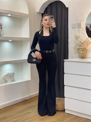 Q Marka Siyah Likralı İspanyol Paça Kumaş Pantolon 