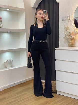 Q Marka Siyah Likralı İspanyol Paça Kumaş Pantolon 