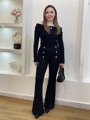 Q Marka Siyah Yüksek Bel Gold Düğme Detaylı Çelik Tayt Pantolon 