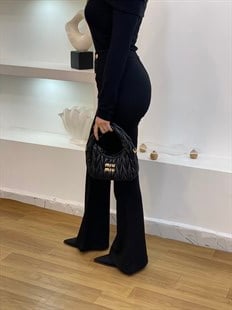 Q Marka Siyah Yüksek Bel Gold Düğme Detaylı Çelik Tayt Pantolon 