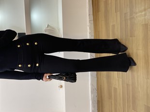 Q Marka Siyah Yüksek Bel Gold Düğme Detaylı Çelik Tayt Pantolon 