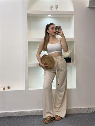 Quzu Marka Bej Yüksek Bel Beli Lastikli Palazzo Pantolon 