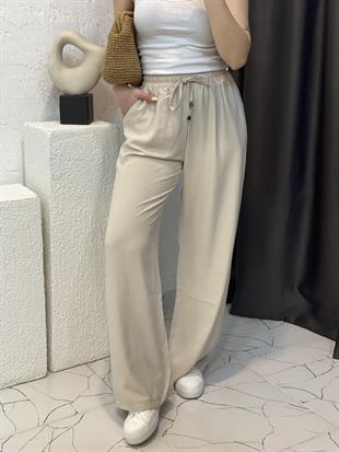 Quzu Marka Bej Yüksek Bel Beli Lastikli Palazzo Pantolon 