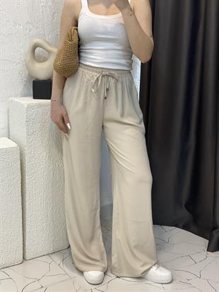 Quzu Marka Bej Yüksek Bel Beli Lastikli Palazzo Pantolon 