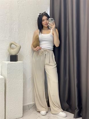 Quzu Marka Bej Yüksek Bel Beli Lastikli Palazzo Pantolon 