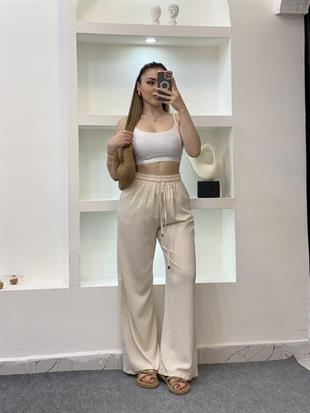 Quzu Marka Bej Yüksek Bel Beli Lastikli Palazzo Pantolon 