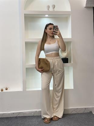 Quzu Marka Bej Yüksek Bel Beli Lastikli Palazzo Pantolon 