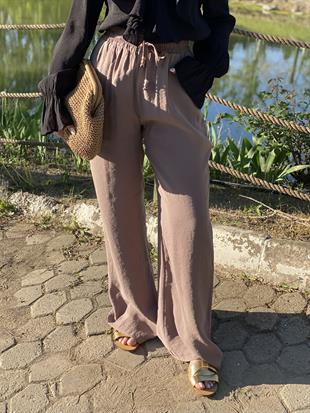 Quzu Marka Camel Renk Premium Kalite Beli Lastikli Palazzo Pantolon 