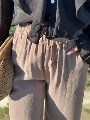 Quzu Marka Camel Renk Premium Kalite Beli Lastikli Palazzo Pantolon 