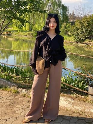 Quzu Marka Camel Renk Premium Kalite Beli Lastikli Palazzo Pantolon 