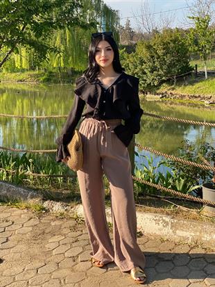 Quzu Marka Camel Renk Premium Kalite Beli Lastikli Palazzo Pantolon 