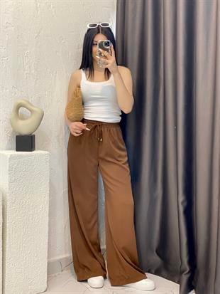 Quzu Marka Kahve Yüksek Bel Beli Lastikli Palazzo Pantolon 