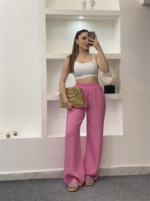 Quzu Marka Pembe Renk Premium Kalite Beli Lastikli Palazzo Pantolon 