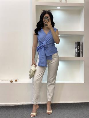 Quzu Marka Premium Mavi Renk Kuşaklı Model Gömlek 